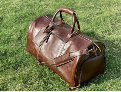 Full Grain Leather Duffle Bag Men Weekender Travel Gym Overnight Holdall