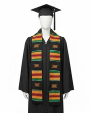 Black with Gold, Red, and Green Kente Graduation Stole with Stool Symbol