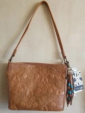 the sak Soft Brown Leather Studded Purse Bag Embossed Pattern Turquoise Beaded