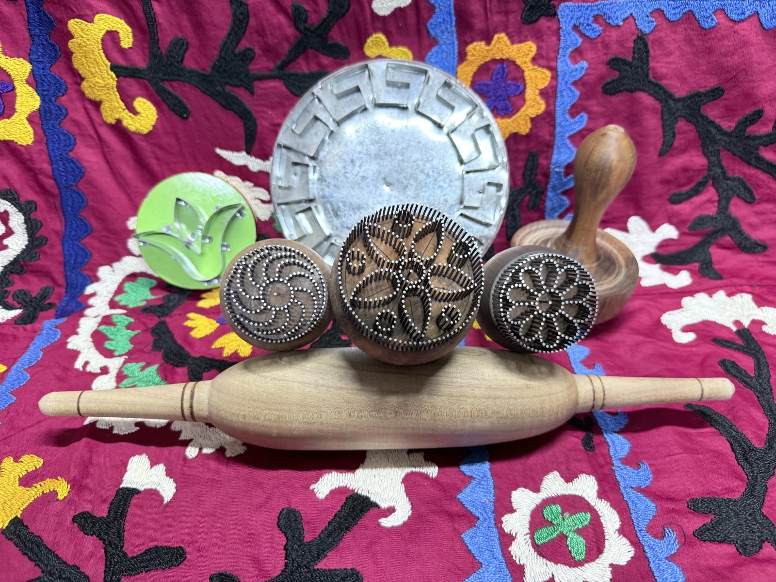 Set of 7 Uzbek Traditional Bread Stamps & Rolling Pin – Handmade Wooden & Metal