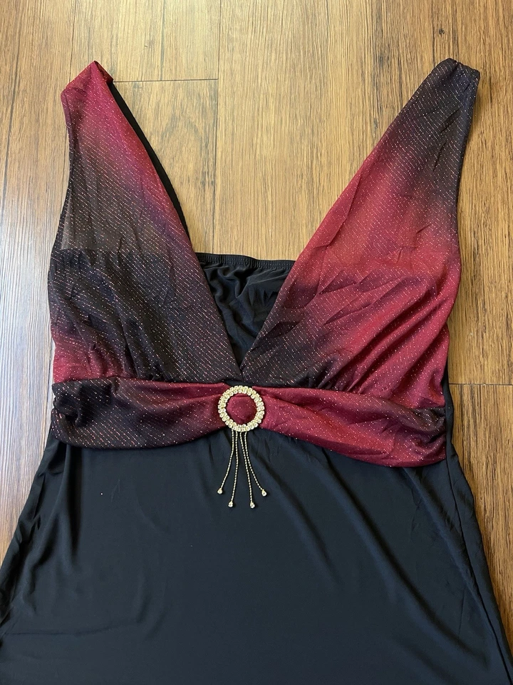 Vintage Y2K Tank Top XL Black Red Glitter Mesh Layered Rhinestone Buckle Goth - Image 4 of 4