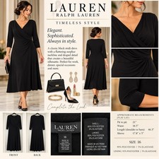 Lauren Ralph Lauren Women’s Size 16 Black Surplice Draped Midi Dress Stretch