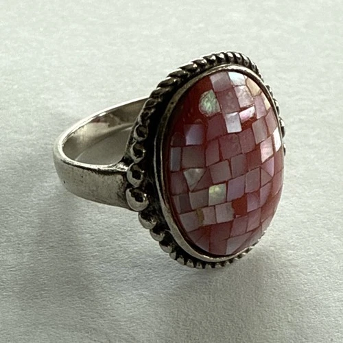 VINTAGE STERLING SILVER LARGE 16MM PINK STONE BEZEL SET SZ 6.5 RING 4.9 GRAMS