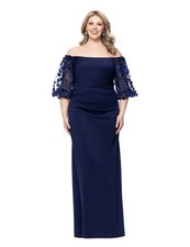 Xscape Plus Size 3D Floral-Sleeve Off-the-Shoulder Dress, Navy, Size-18W