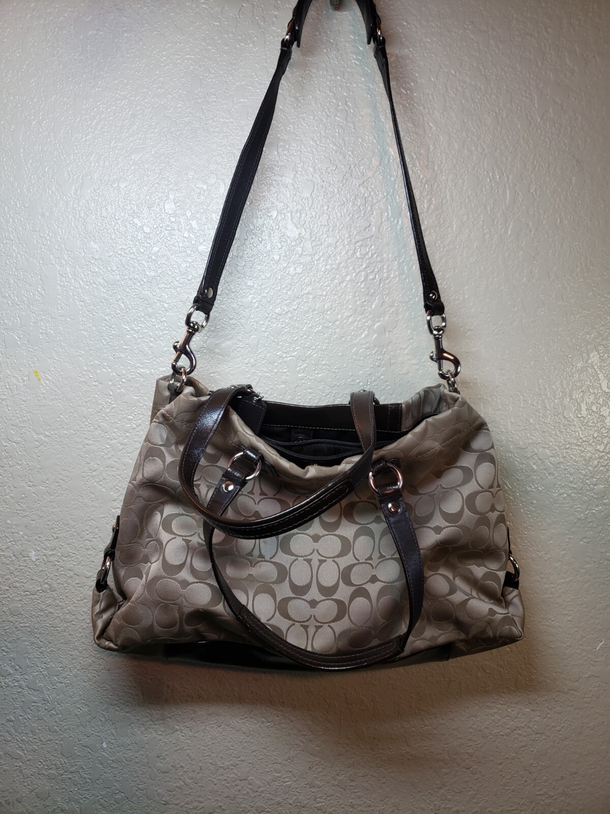 Coach Signature Pleated Satchel in Brown Beige Leather & Canvas
