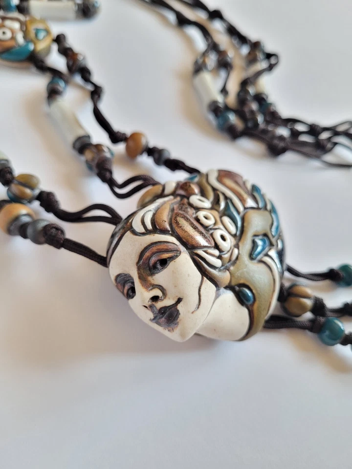 Collar Boho Artesano Hecho a Mano Joyce Whitaker Cerámica Macramé Años 70 De Colección Raro Foto 3 de 4