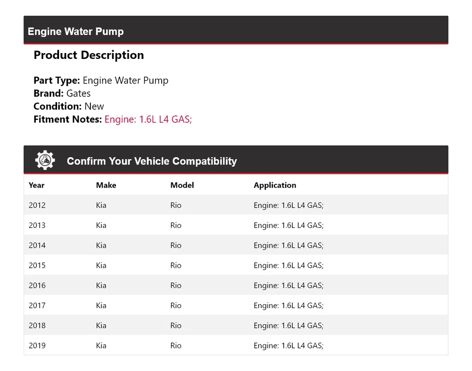 Portões de bomba de água motor GAS 2013 2014 2015 2016 para 2012-2019 Kia Rio 1.6L L4 - Imagem 2 de 4