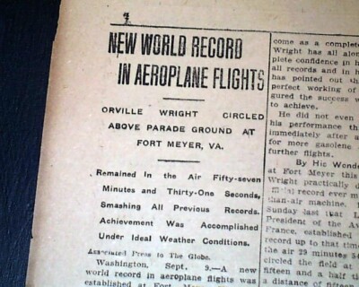 Orville Wright Brothers 1st Airplane 1 Hour Flight Fort Myer VA 1908 Newspaper
