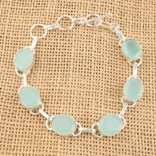 Aqua Chalcedony Gemstone 925 Sterling Silver Handmade Jewelry Bracelet Gift For