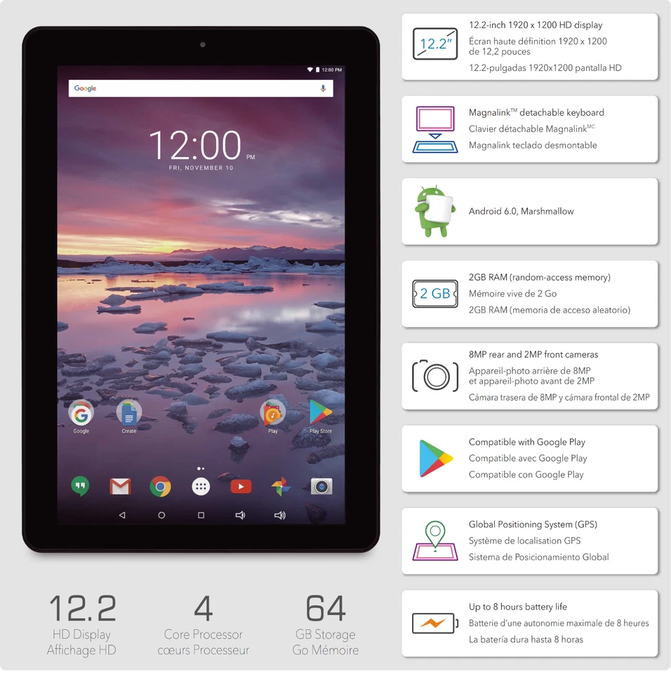 Tablet RCA 12.2" Android Cuatro Núcleos 2G RAM 64G IPS Pantalla Táctil con Teclado Foto 3 de 3