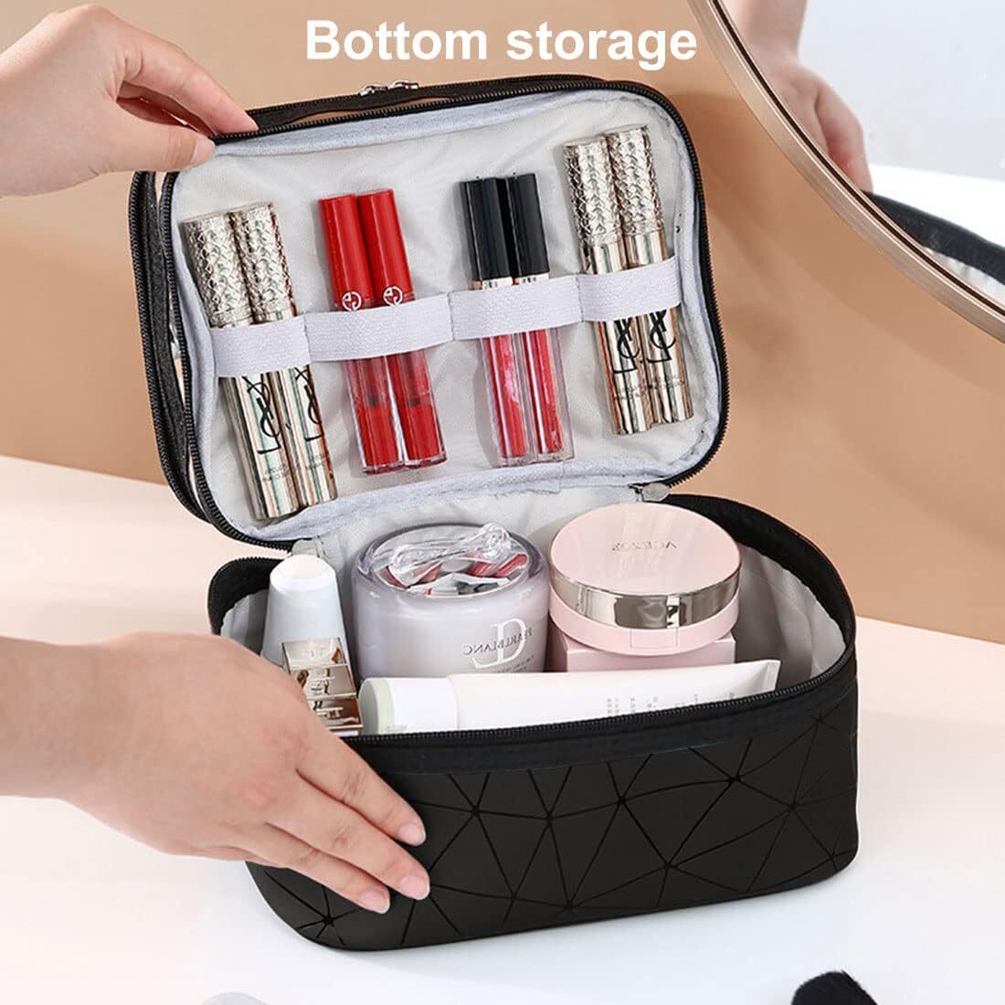 Beauty Case Donna In Pelle PU Impermeabile - Borsa Porta Trucco Da Viaggio Con Manico E Zip Doppia - Colore Albicocca - 2