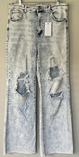 NWT RISEN High Rise Wide Leg Acid Wash Distressed Frayed Hem Jeans Wms 1XL