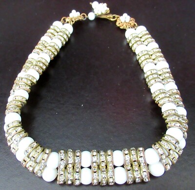 MIRIAM HASKELL White Glass Bead Rhinestone Rondellle Vintage Necklace