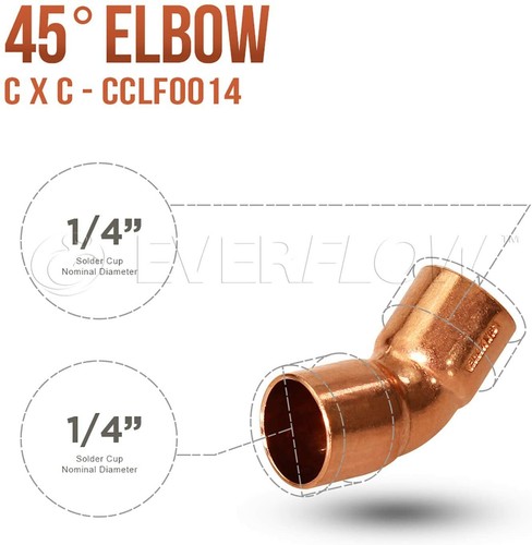 1"in-8"in Copper C x C 45° degree Elbow Fitting with 2 Solder Cups Pipe Fitting