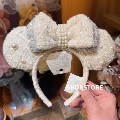 Disney 2024 white tweed Pearls Minnie Mouse Ears Headband Shanghai Disneyland - Picture 2 of 4