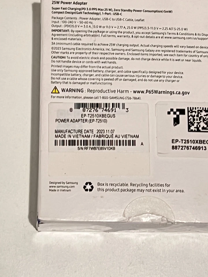 Cargador de Pared Samsung 25W con Cable USB-C (VERSIÓN MÁS NUEVA) - Negro CAJA ABIERTA Foto 3 de 3