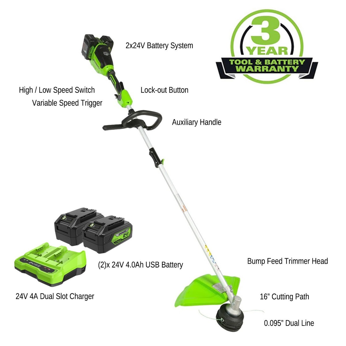 Greenworks 48V (2x24V) 16 inch String Trimmer Attachment Capable