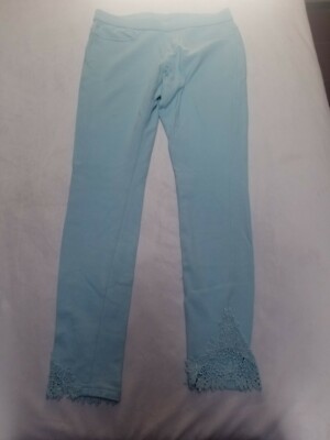 Hue Womens Straight Pull On Pants Low Rise Back Pockets Floral Embroidered Blue
