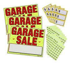Garage Sale Kit: 3 YARD SIGNS, 600 pre-PRICED STICKERS, 15 LARGE. PRICE LABELS 