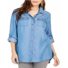 Style & Co Womens S Sun Wash Denim Blue Button Down Collared Tunic Top NWT DG74