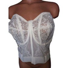 Vtg Bustier 44DD Boned Corset Union USA Ivory Chiffon Nylon Floral  Garter Tabs 