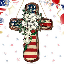 4Th of July Door Sign Patriotic Wreath God Bless American Door Hanger Wooden Pla