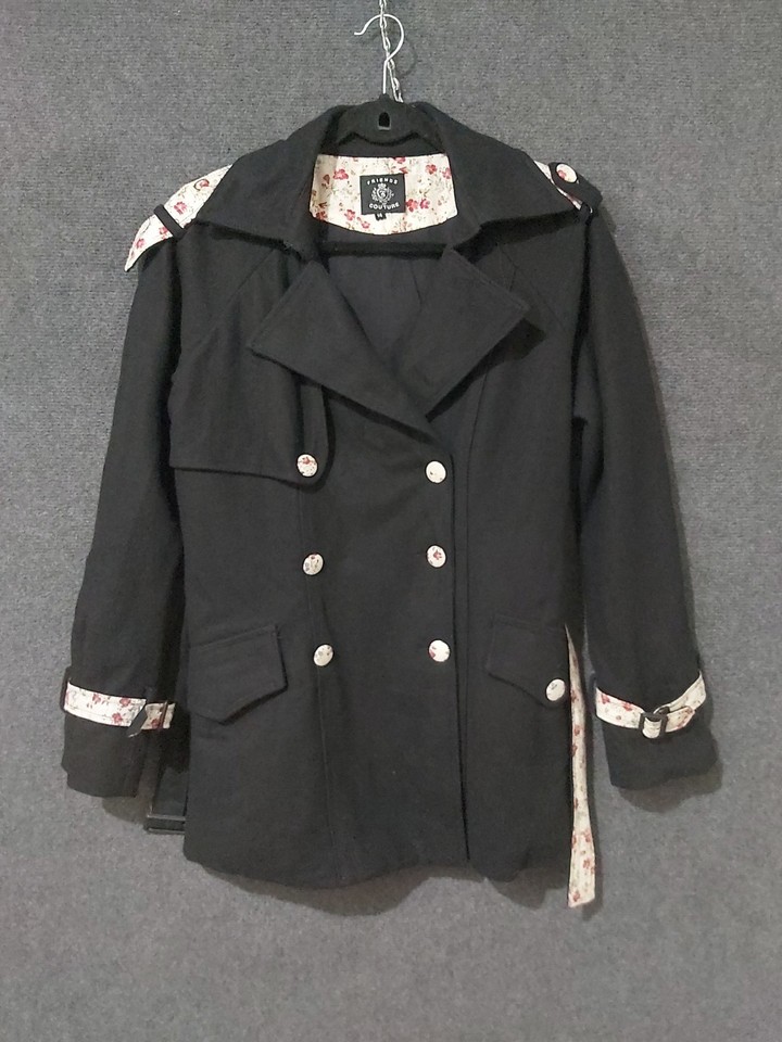 Friends of Couture Size 14 Black Wool Coat Floral Lined Double Breasted Belted
