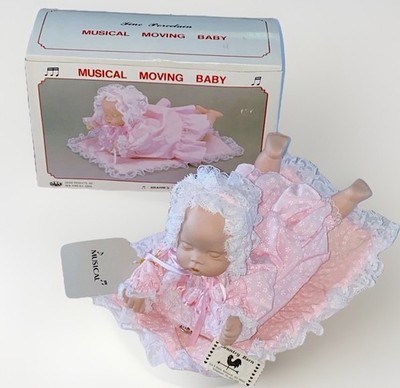 DAVAR PORCELAIN WIND UP MOVING MUSICAL BABY DOLL BRAHMS LULLABY PINK WHITE LACE