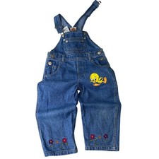 Vintage 90s Looney Tunes Overalls 3T Tweety Bird Cartoon Denim Floral Embroidery