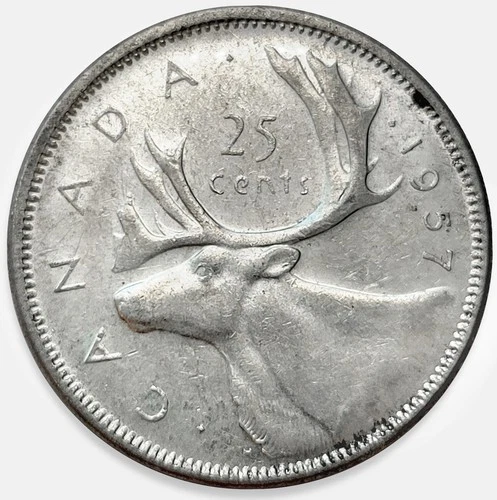 1957 Canada 25 Cents Quarter Queen Elizabeth II 80% Silver VERY Nice AU