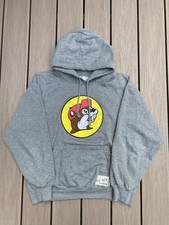 Vintage Buc-ee s Beaver Logo Grey Hooded Sweatshirt Size XL