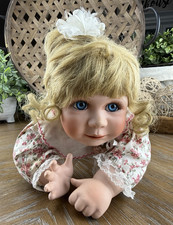 Blonde Curly Hair Baby Girl Doll 12in Blue Eyes Light Complexion Floral Outfit