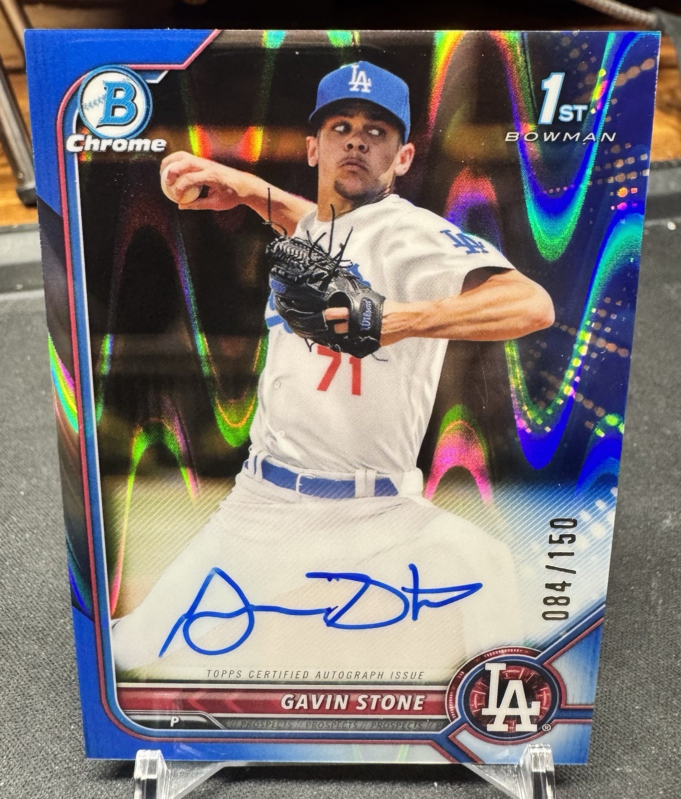 Gavin Stone 2022 Bowman Chrome 1st Prospect Blue RayWave Refractor Auto /150