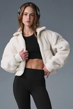 AIo Yoga Women's Sherpa Edge Bomber Short Jacket Warm Casual Sports Ivory Color