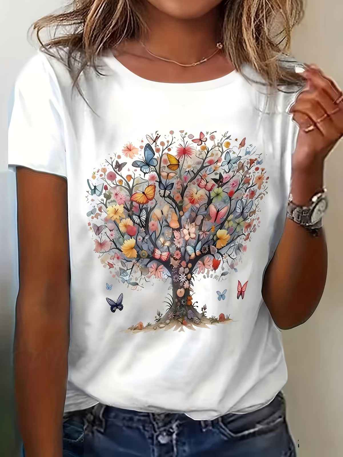 Colorful Butterfly Floral Tree Print T-Shirt
