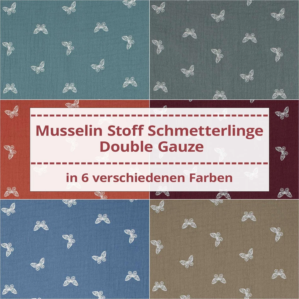 FITZIBIZ Musselin Stoff Schmetterlinge, Double Gauze (Meterware ab 0,50m)