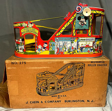 Vintage J Chein 1950s Tin Litho DISNEYLAND Roller Coaster Wind Up Toy w/ Box