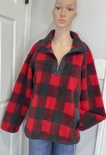 Abercrombie Fitch Women s S Sherpa Fleece Pullover Jacket Red Black Plaid
