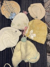 Vintage Lot Of 6 Knit Baby Bonnets Hats