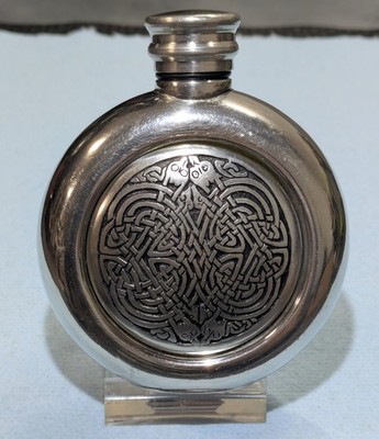 St Justin 3 Oz Round Pewter Hip Flask  Embossed Celtic Aberlemno Knot Pattern