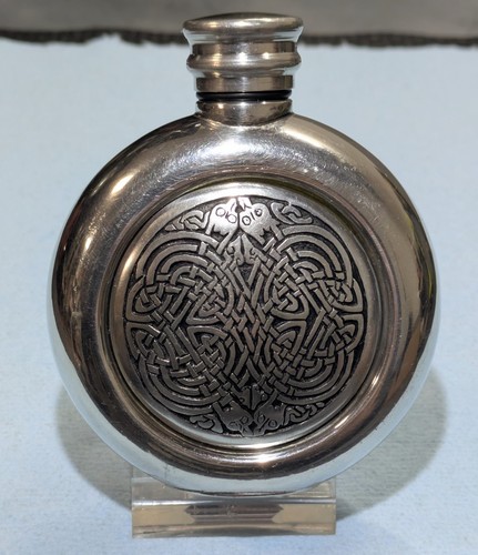 St Justin 3 Oz Round Pewter Hip Flask Embossed Celtic Aberlemno Knot Pattern