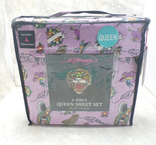 Ed Hardy Sheet Set Queen Size Tattoo Foo Dog Bird Floral Purple Design 6 Piece