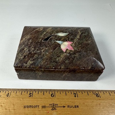 Vtg Marble Stone Inlay Trinket Jewelry Box Floral Mother of Pearl Removable Lid