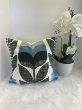 Orla Kiely Blue Rosebud Cushion Cover 40cm X40cm With Pom Pom Trim