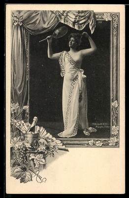 Foto-AK nackte Frau in Toga mit einem Handspiegel Sektflasche im Passeparto Akt 