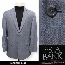 JOS A BANK mens gray blue WINDOWPANE SILK + WOOL sport coat jacket blazer 44 L