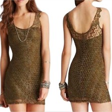FREE PEOPLE Foiled Again Olive Lace Bodycon Open Back Boho Mini Dress Size XS