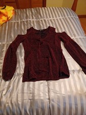 Roz & Ali Woman’s Shirt Merlot Glitter Metallic Pull On Cold Shoulder Size Large