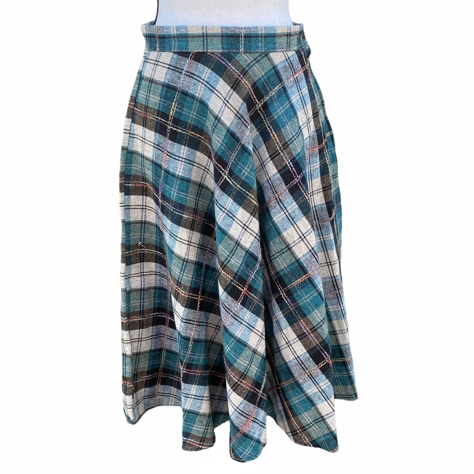 Vintage Green Gray Plaid Wool Blend Midi Skirt for Women Size 13/14-image