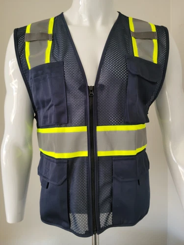 Navy Blue High Visibility Safety Vest Mesh fabric. (Small-5XL - product listing photo